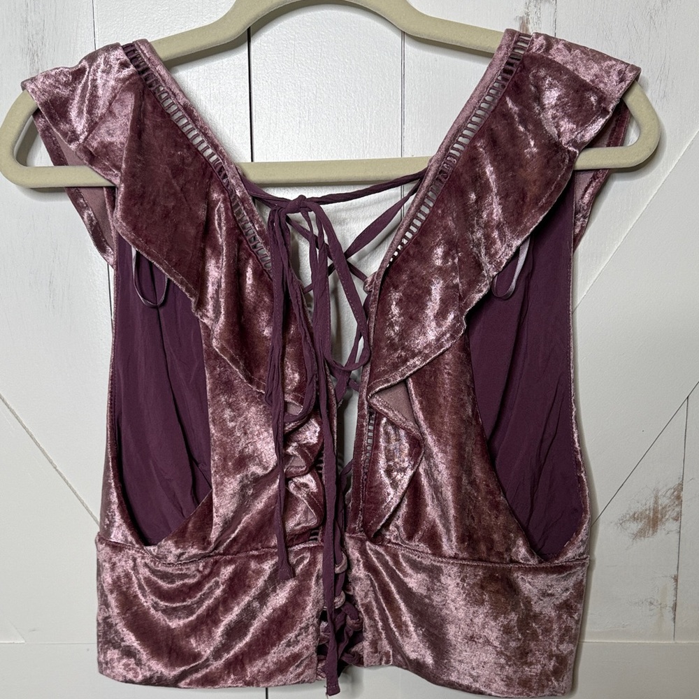 Free People Lilian Velvet Lace Up Back Ruffle Crop Top Lavender - Picture 5 of 7